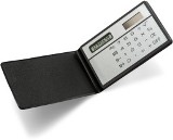 Solar powered eight digit credit card size calculator in a smoot