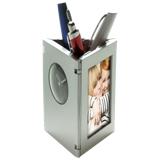 Folding Photo Frame, Clock and Pen Holder - Silver