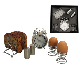 Good Morning Set; W/Alarm Clock,2 Egg Cups, Toast Rack, Sal