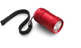 Push button aluminium torch with six LED lights and wrist strap.