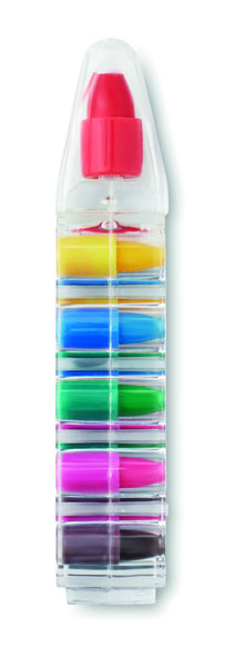 6 coloured wax tips in pen shaped container.