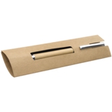 Wooden ball pen presented in a cardboard pouch.