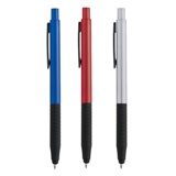 Plasic ball pen with touch tip and rubber grip zone.