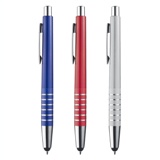 Plastic ball pen with touch tip and siler ring details.