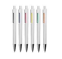 Modern white plastic ballpen with coloured accents