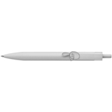 Plastic ball pen with a pointed finger shaped clip.