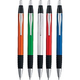 Plastic ball pen with a metallic effect, rubber grip zone.