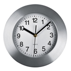 Wall clock with brushed metal frame and easy-read display.