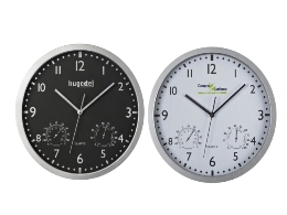 Wall clock with hygro- and thermometer, removable face.