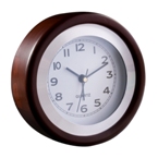 Retro desk clock with a wooden frame includes an alarm function.