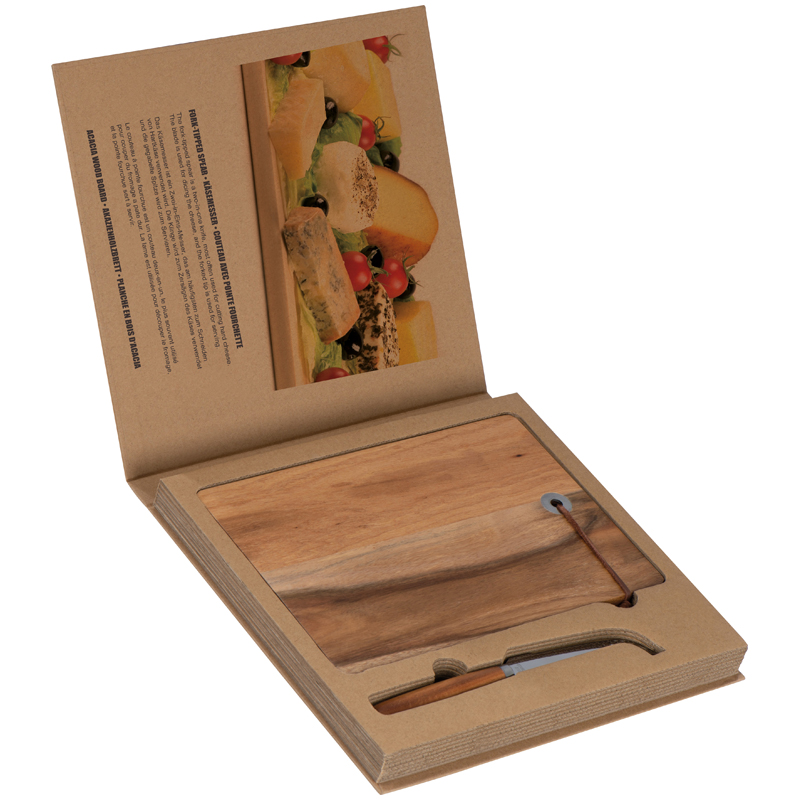 Acacia wooden board with leather loop and a fork-tipped knife -