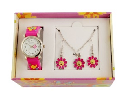 Flowers  Kids Watch & Jewellery Gift Set - Pink
