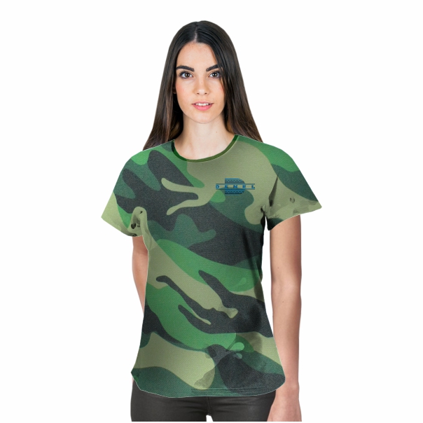 Ladies Camouflage crew neck tshirt. Avail in green or grey