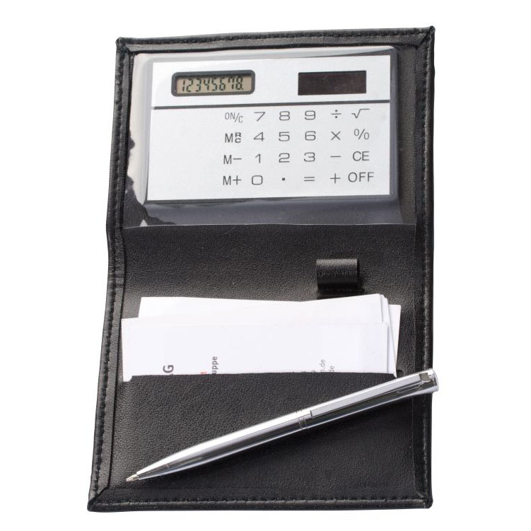 Business card folder with an integrated solar powered calculator